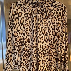LOFT Leopard-Print Smocked-Neck Blouse in Tan and Black